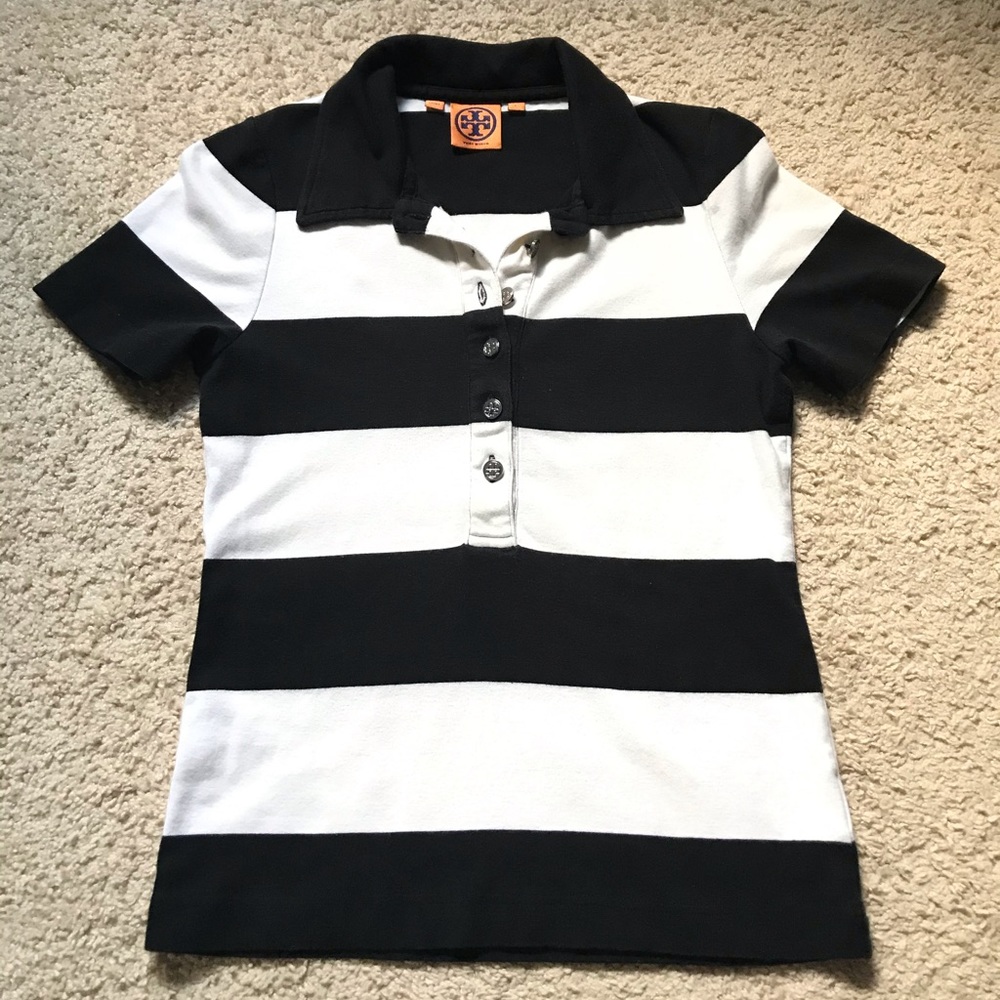 Tory Burch Black & White Striped Polo Shirt - L